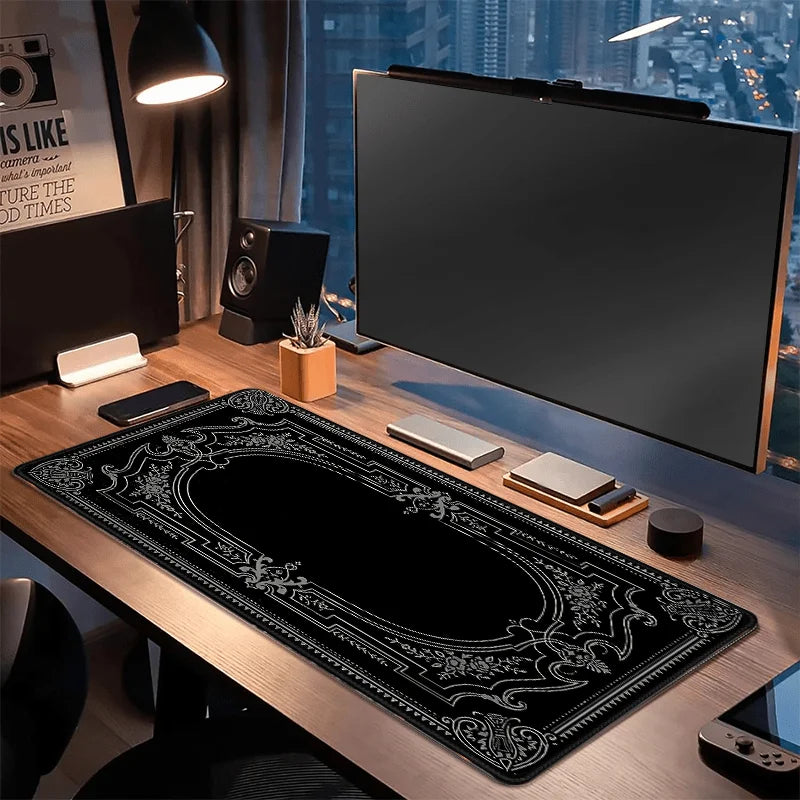Motivo preto grande barroco ornamentado mouse pad mesa gadgets teclado 90x40cm tapete de mesa xxl playmat mouse pads desktops itens de escritório