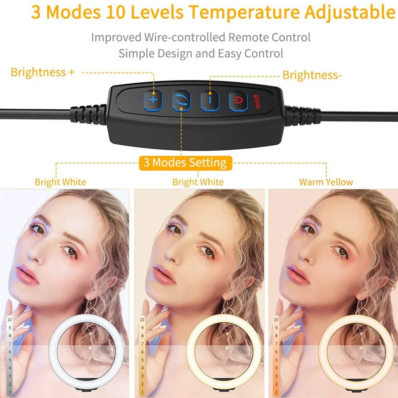 Anel de luz led para selfie, 10 polegadas, com suporte para telefone, regulável, 16-33cm, lâmpada de preenchimento, fotografia, anel de luz para vídeo vlog, lâmpada de preenchimento ao vivo