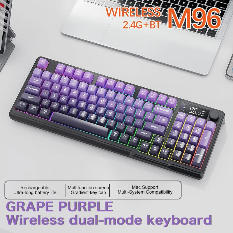 Teclado sem fio FreeWolf M96 com tela, teclado para jogos Bluetooth conexão de modo duplo, ligação multidispositivo, ergonômico