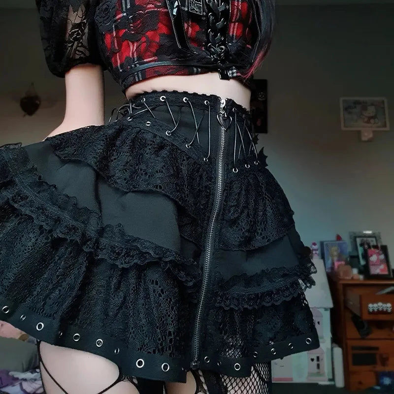 Patinador gótico punk vintage alta wasit saia feminina zíper frontal estilo japonês kawaii preto harajuku cosplay mini saias