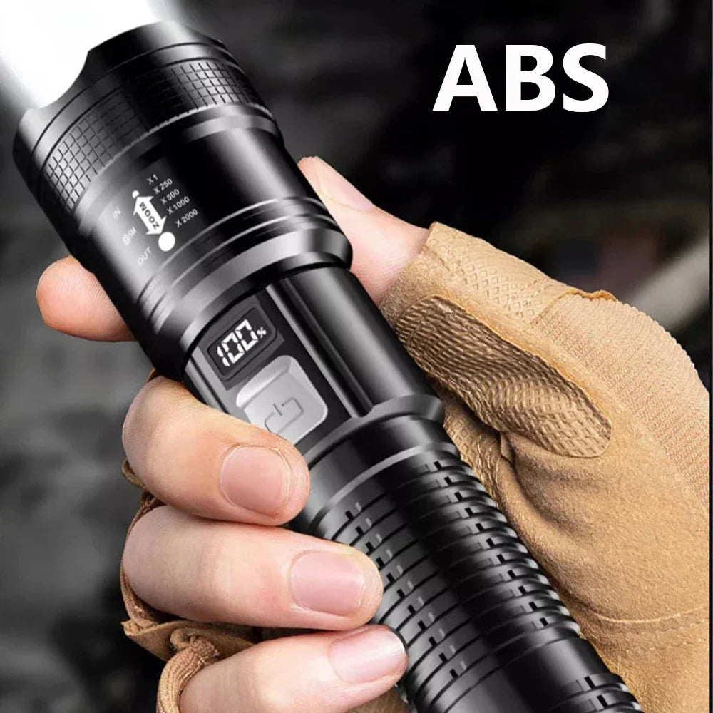 Lanternas LED de Alta Potência com Display, Tocha Tática, Luz de Display, Carregamento USB, Camping, Pesca, Defensa Zoom Lanterna, 300000LM