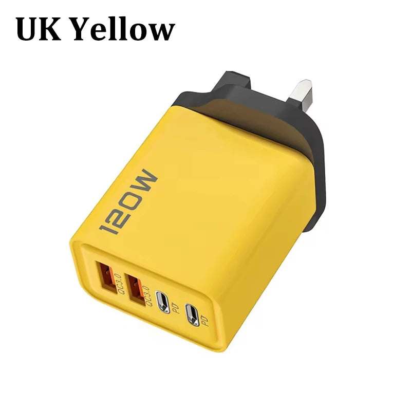 Carregador de 4 portas 120W com Quick Charge 3.0, USB C PD Tipo C, carregador de celular com carregamento rápido para iPhone, Samsung, Xiaomi, Huawei