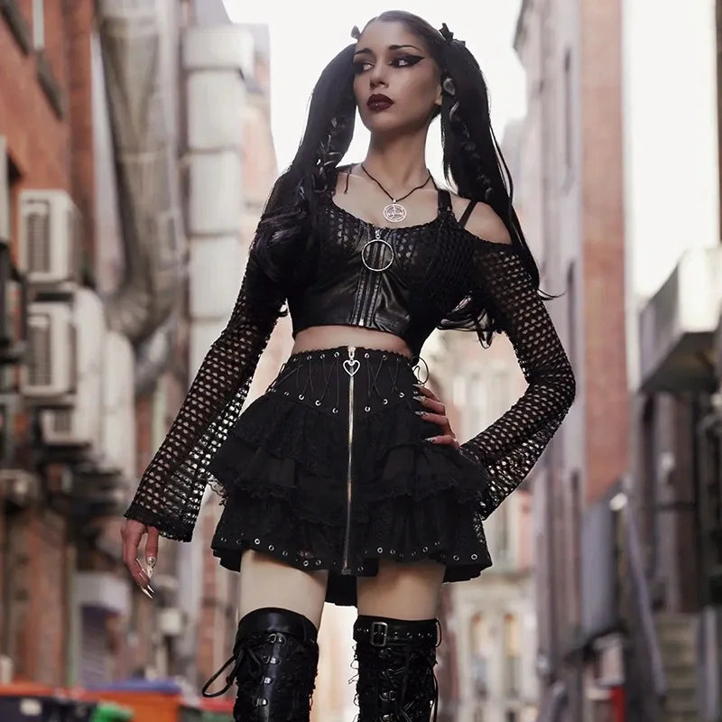 Patinador gótico punk vintage alta wasit saia feminina zíper frontal estilo japonês kawaii preto harajuku cosplay mini saias