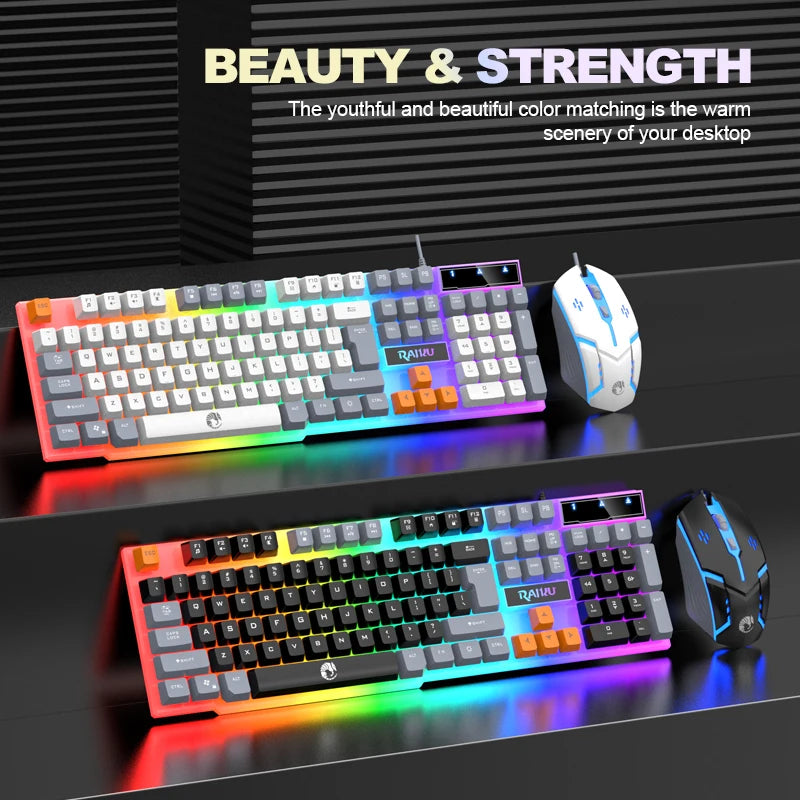 Teclado único e teclado mouse RAIKU T26 Teclado luminoso de três tons Mouse com fio Mecânico Touch Gaming Mouse Conjunto de teclado