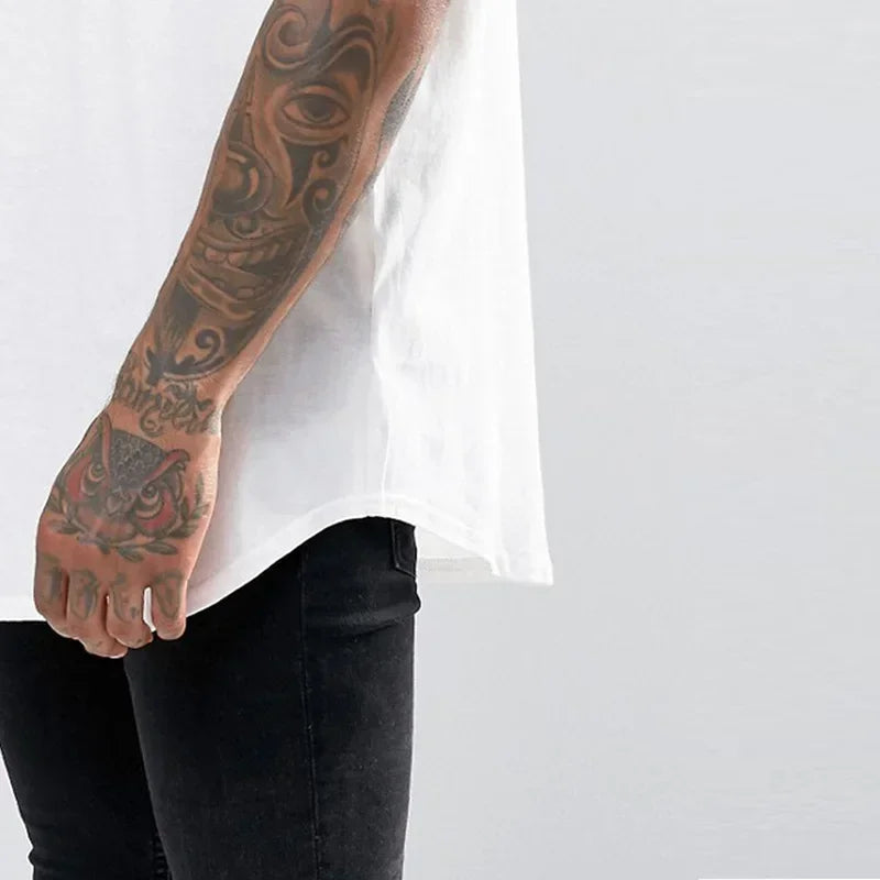 Camiseta Masculina 2026 MRMT High Street com Barra Curva, Algodão de Alta Qualidade, Camiseta Masculina Alongada Oversize, Blusas e Camisetas para Homens