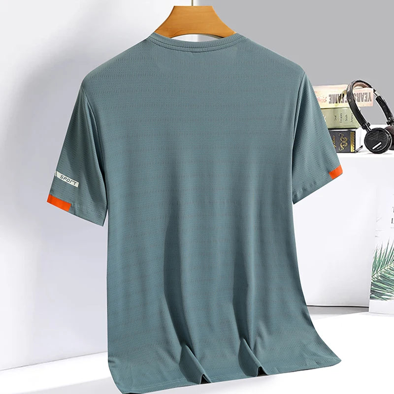 Verão masculino gelo seda camiseta moletom em torno do pescoço simples correndo terno de fitness fino respirável secagem rápida t