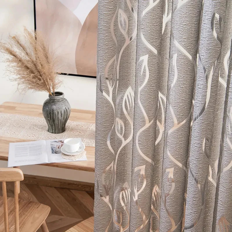 Simples cinza bordado oco para fora folha pura cortina haste bolso cortina sala de estar escritório decoração casa jardim festa casamento