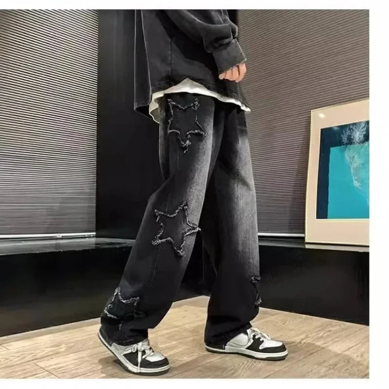 2025 nova moda estrelas toalha bordado marrom calças jeans masculinas y2k roupas retas hip hop calças de algodão pantalon homme