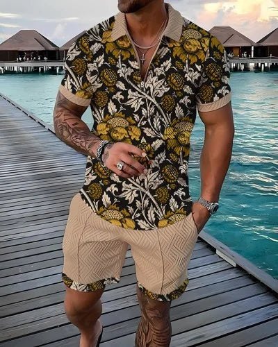 Agasalho de verão masculino terno esportivo conjunto 3d impresso casual manga curta t camisa lapela zip polo roupas masculinas jogging