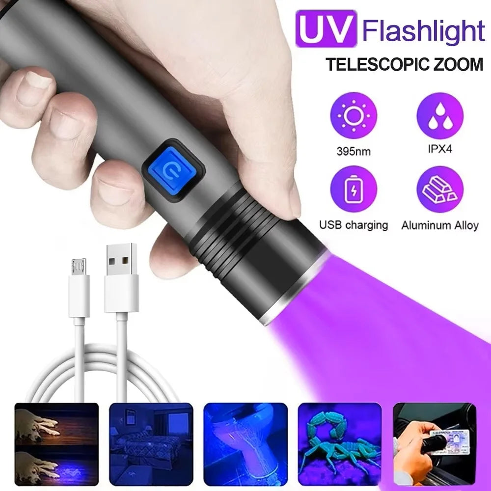 Lanterna USB recarregável 365nm lanterna uv de alumínio portátil luz ultravioleta tocha luz preta detector de urina para animais de estimação lanternas pretas