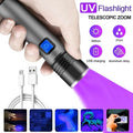 Lanterna USB recarregável 365nm lanterna uv de alumínio portátil luz ultravioleta tocha luz preta detector de urina para animais de estimação lanternas pretas