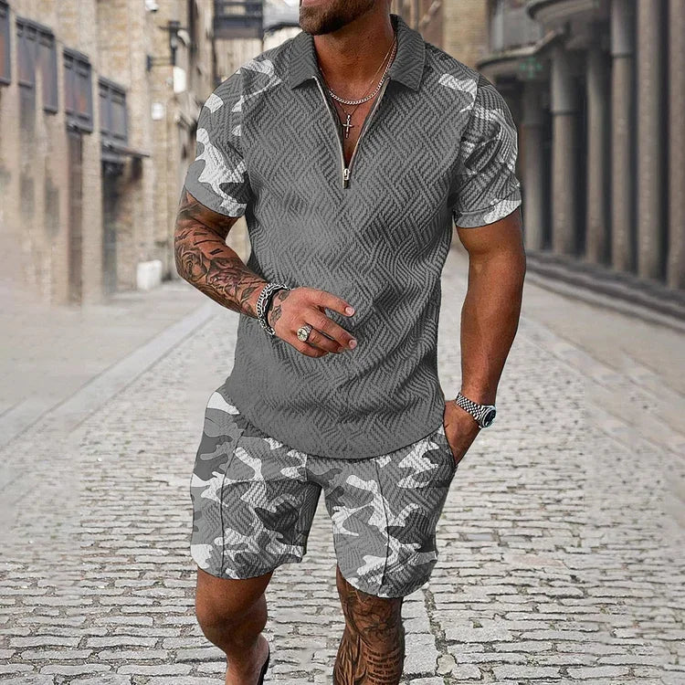 Agasalho de verão masculino terno esportivo conjunto 3d impresso casual manga curta t camisa lapela zip polo roupas masculinas jogging