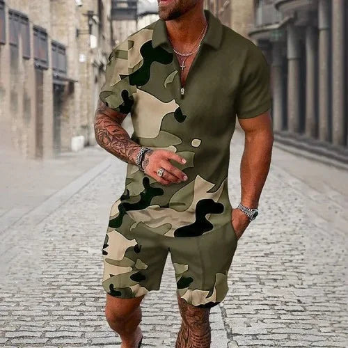 Agasalho de verão masculino terno esportivo conjunto 3d impresso casual manga curta t camisa lapela zip polo roupas masculinas jogging