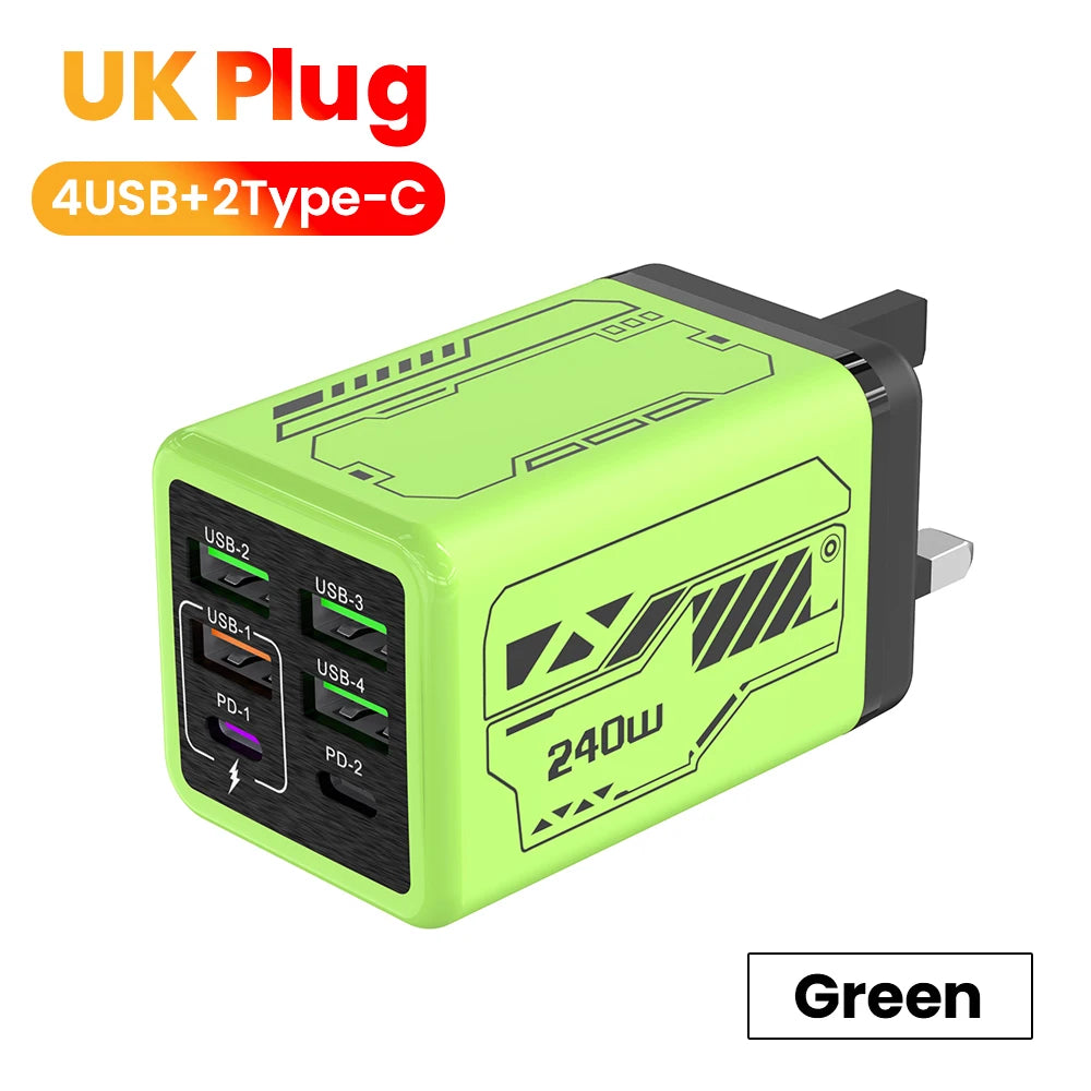 240w 6 portas 4usb + 2 tipo c carregamento super rápido carregador de telefone móvel usb3.0 pd3.0 ue/reino unido/eua carregador para iphone 17 16 samsung poco