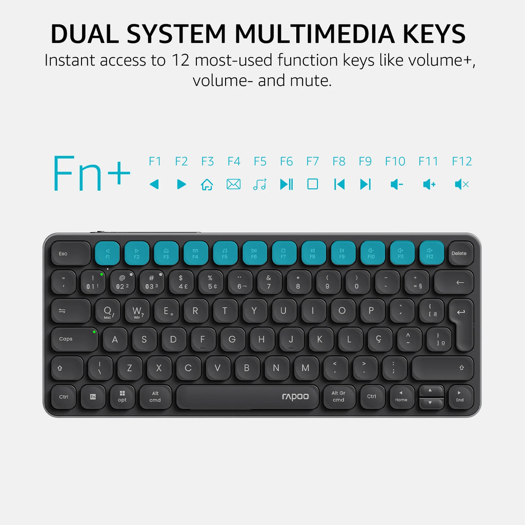 Rapoo E9050L/9010M ABNT2 Português Brasil Multi-Dispositivo Bluetooth Teclado Sem Fio Cor Preta com Chave Multimídia