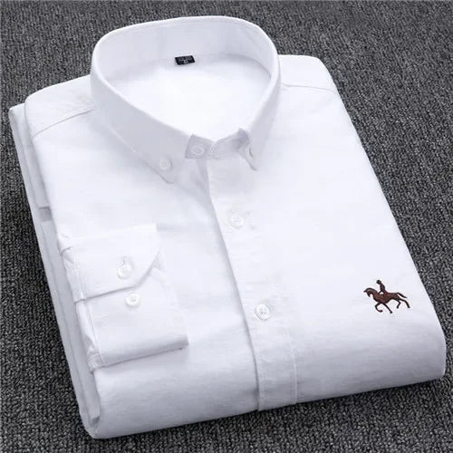 Casual puro algodão oxford camisas masculinas manga longa bordado cavalo design regular ajuste moda botão homem vestido branco camisa
