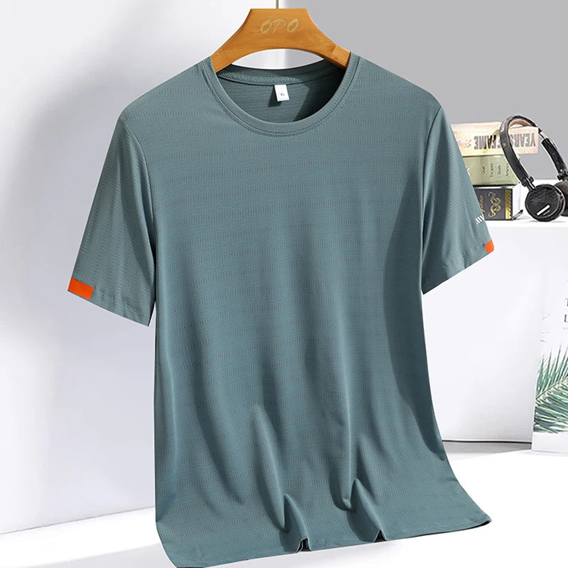 Verão masculino gelo seda camiseta moletom em torno do pescoço simples correndo terno de fitness fino respirável secagem rápida t