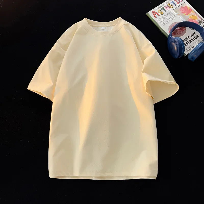 Camiseta Unissex 2026 de Algodão Pesado 200g, Ombro Completo, Solta, para Casal, Verão, Meia Manga, Básica, Casual, Streetwear, Respirável