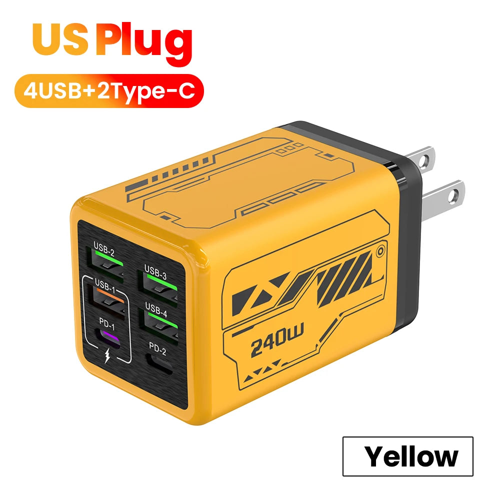 240w 6 portas 4usb + 2 tipo c carregamento super rápido carregador de telefone móvel usb3.0 pd3.0 ue/reino unido/eua carregador para iphone 17 16 samsung poco