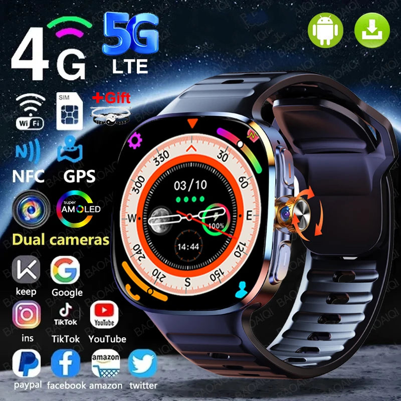 Relógio Inteligente 5G com Tela AMOLED HD de 720*720, Chamada de Vídeo, 8GB+128GB RAM, GPS, WIFI, Google Play, Relógio Inteligente com Previsão do Tempo