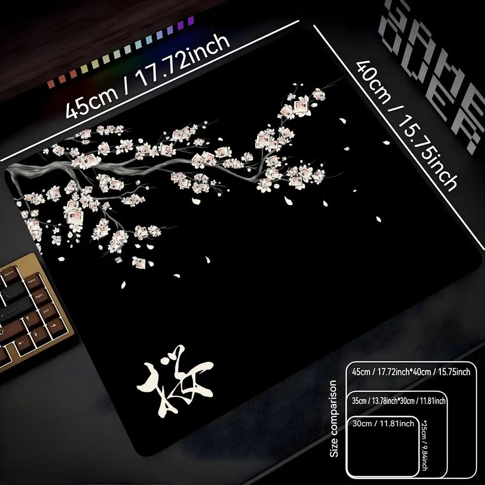 Mousepad Pequeno para Jogos 22x18 40x45 com Estampa de Flor de Cerejeira Japonesa, Tapete de Mesa Sakura para Computador, Almofada Antiderrapante para Teclado e Laptop