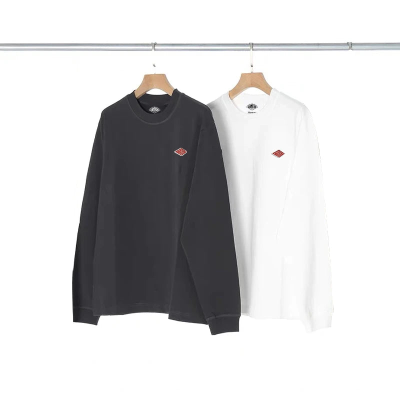 Primavera exportada para o japão estilo clássico moda sólida simples solta manga longa camiseta de algodão topo homem pequena ícone bordado t
