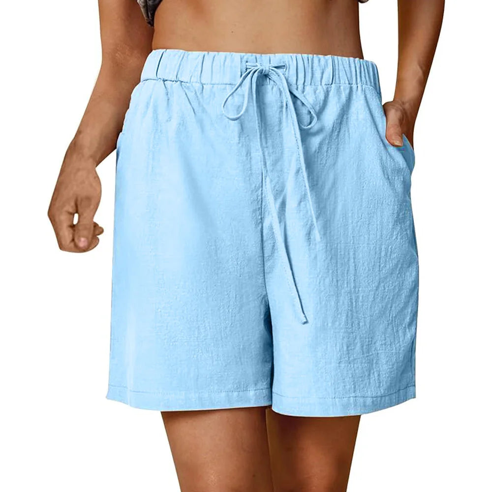 Verão feminino casual shorts cordão cor sólida algodão linho calças curtas feminino solto em linha reta jogging ao ar livre streetwear