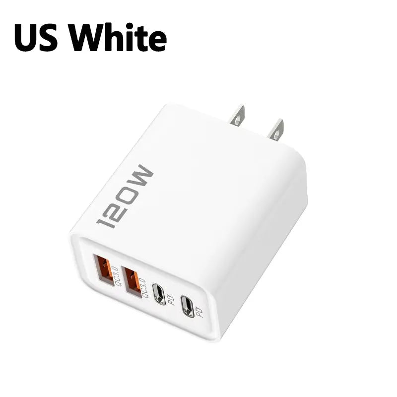 Carregador de 4 portas 120W com Quick Charge 3.0, USB C PD Tipo C, carregador de celular com carregamento rápido para iPhone, Samsung, Xiaomi, Huawei