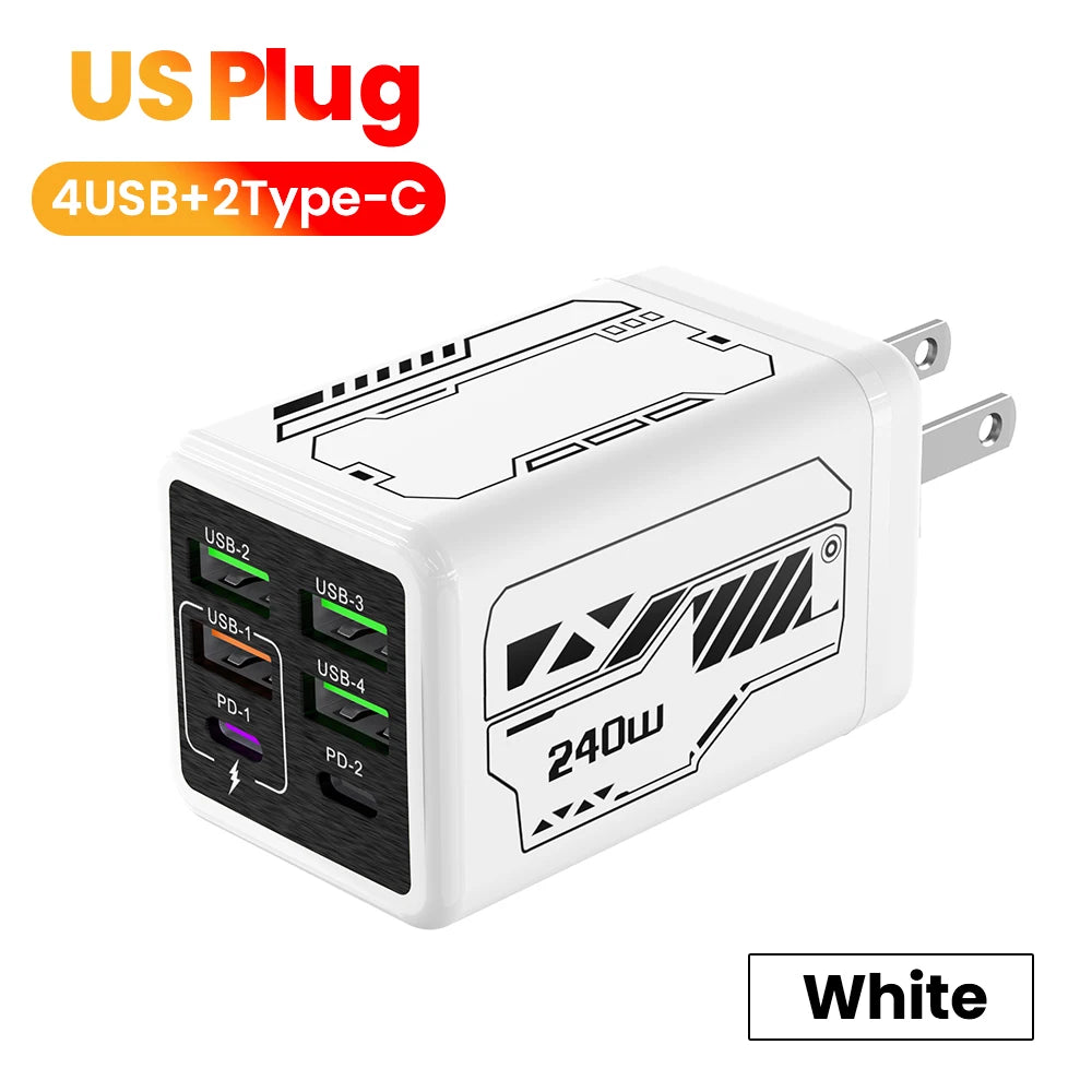 240w 6 portas 4usb + 2 tipo c carregamento super rápido carregador de telefone móvel usb3.0 pd3.0 ue/reino unido/eua carregador para iphone 17 16 samsung poco