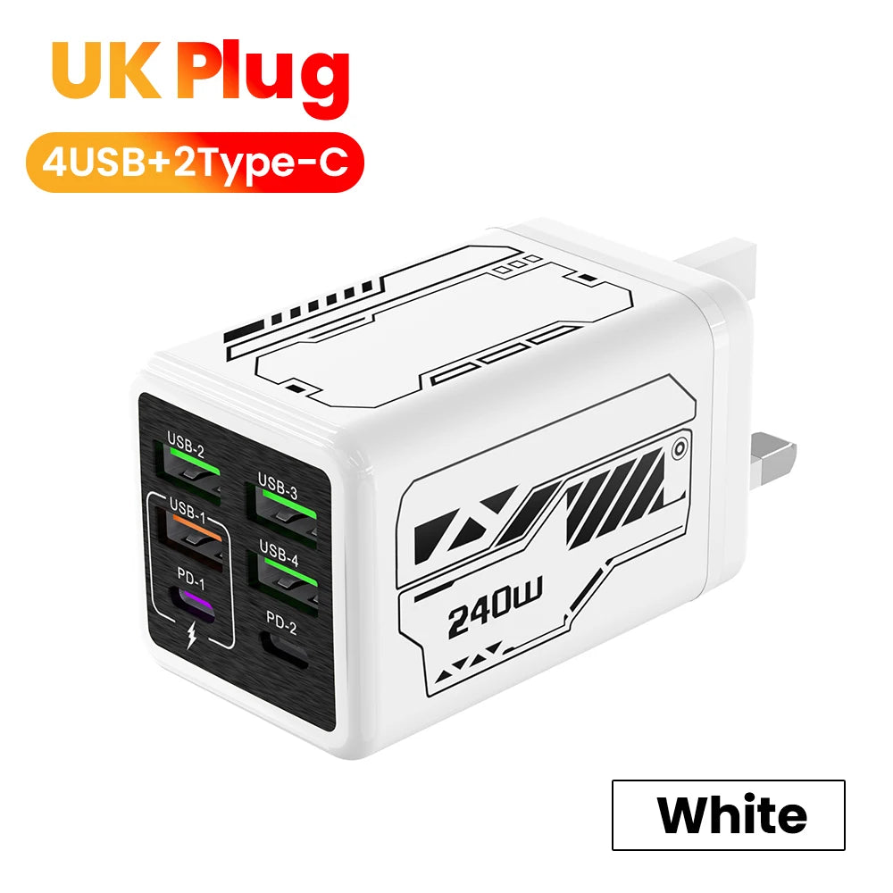 240w 6 portas 4usb + 2 tipo c carregamento super rápido carregador de telefone móvel usb3.0 pd3.0 ue/reino unido/eua carregador para iphone 17 16 samsung poco