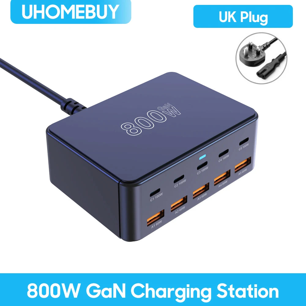 800W USB C GaN Carregador 100W PD3.0 PPS QC3.0 Estação de carregamento rápido multiporta para iPhone 15 16 Samsung Macbook Pro Laptops Tablets