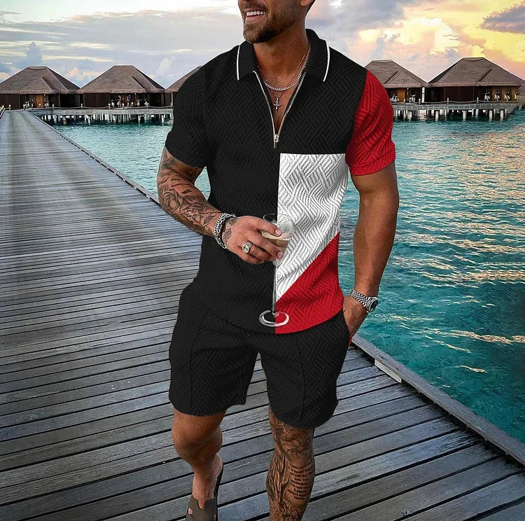 Agasalho de verão masculino terno esportivo conjunto 3d impresso casual manga curta t camisa lapela zip polo roupas masculinas jogging