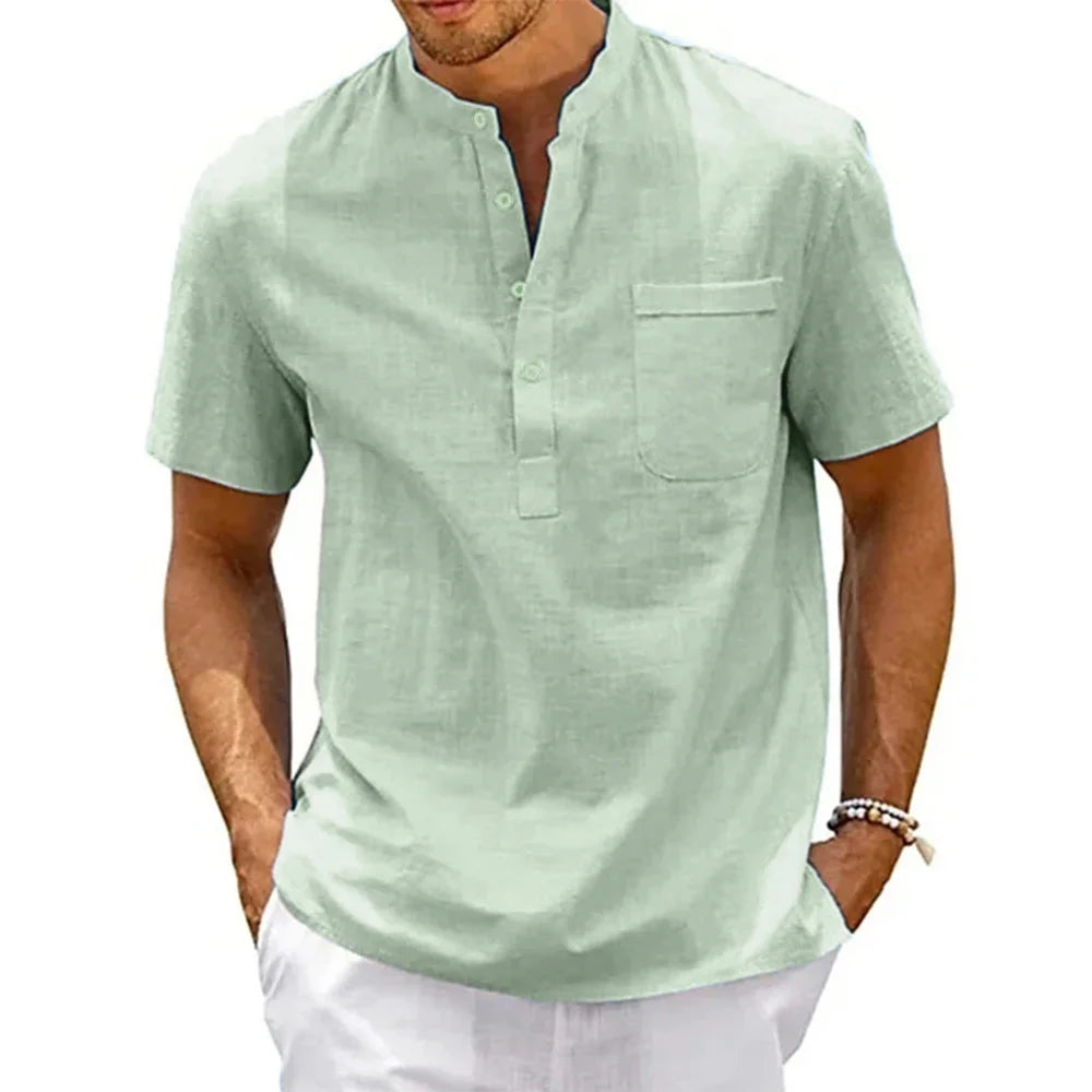 Camisa de linho de algodão masculina henley pescoço bolso casual praia manga curta cor sólida masculino topos camisetas vintage streetwear