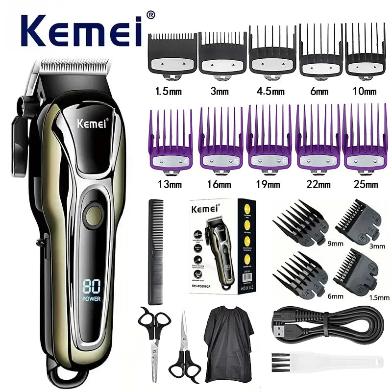 Máquina de Cortar Cabelo Elétrica Multifuncional Kemei Km-PG1990A, Aparador Recarregável Profissional com Cabeça Ajustável