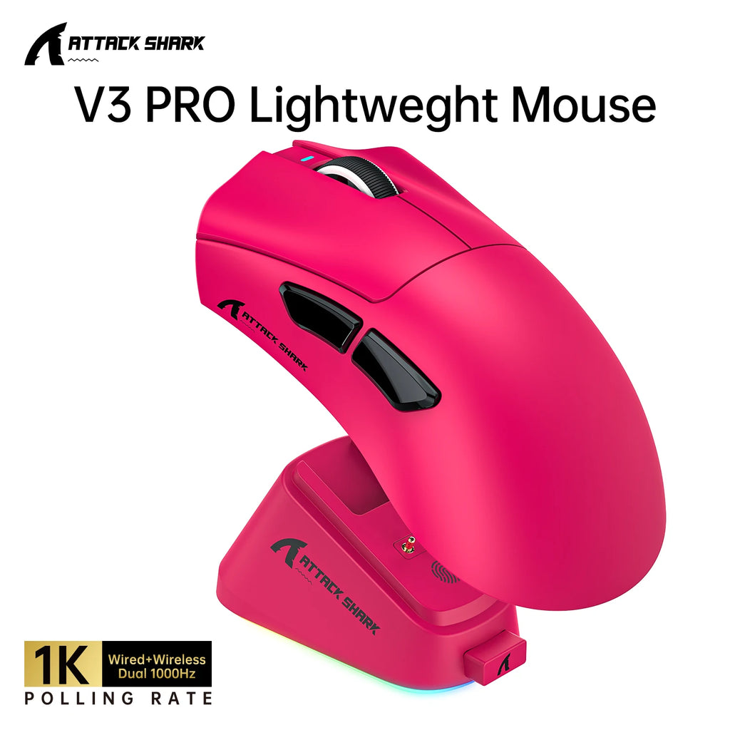 Mouse Gamer Ultra-Leve ATTACK SHARK V3PRO com Base de Carregamento, Conexão Sem Fio 2.4G/Bluetooth/Com Fio, 25000DPI, Taxa de Polling de 1000hz