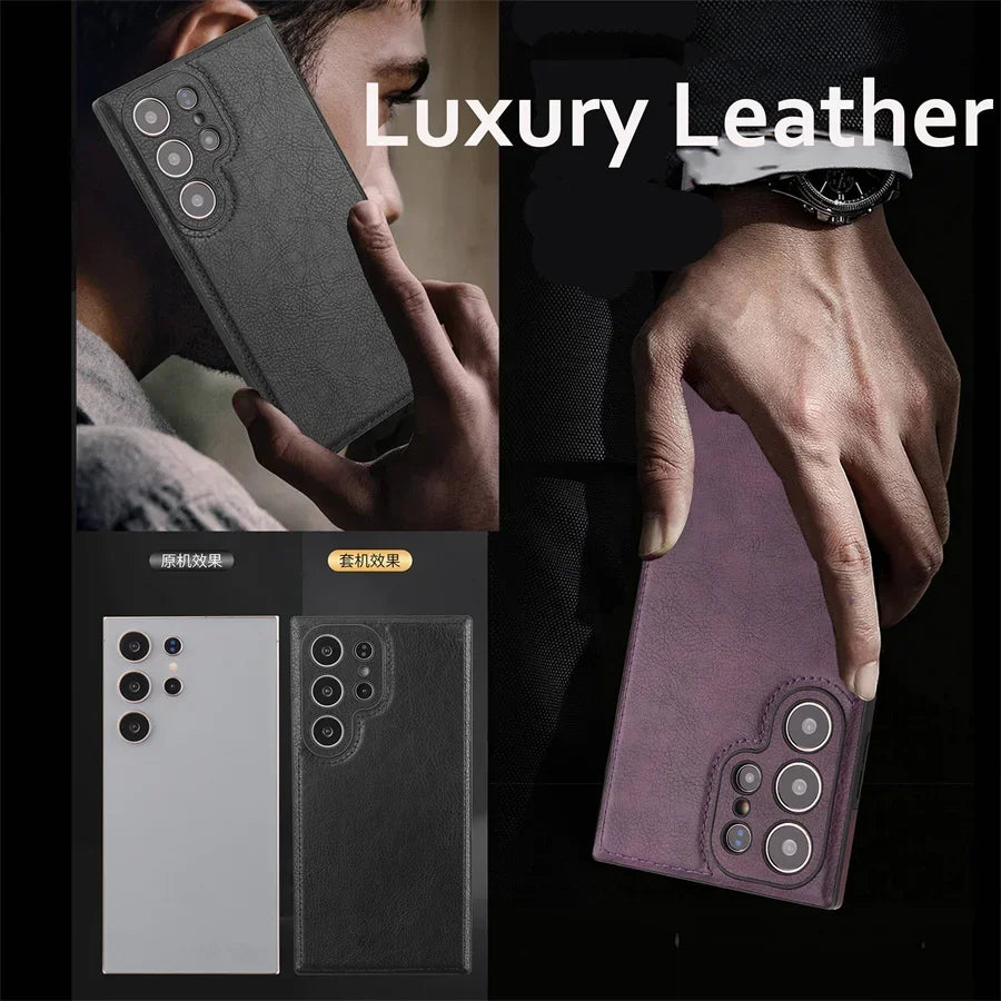 Capa de Couro PU Vintage de Luxo para Samsung S26 Ultra S25 S24 Plus S23 S22 S26Ultra, Capa Traseira Fina e Antichoque com Bumper Macio para Câmera