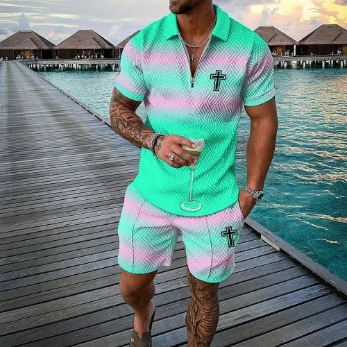 Agasalho de verão masculino terno esportivo conjunto 3d impresso casual manga curta t camisa lapela zip polo roupas masculinas jogging