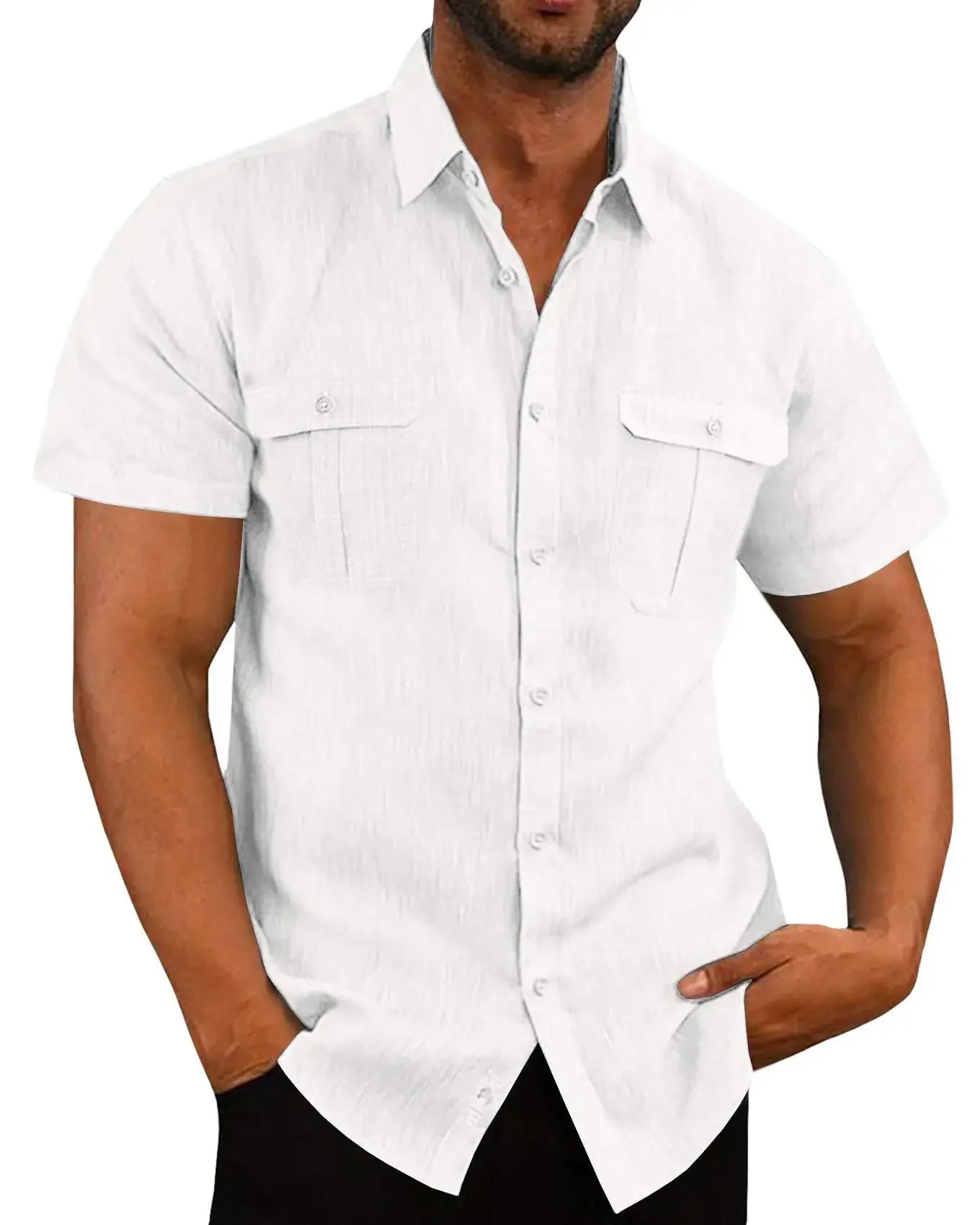 Camisas masculinas de manga curta, venda quente de linho de algodão, verão, cor sólida, gola confortável, casual, estilo praia, plus size, camisas masculinas M-4XL