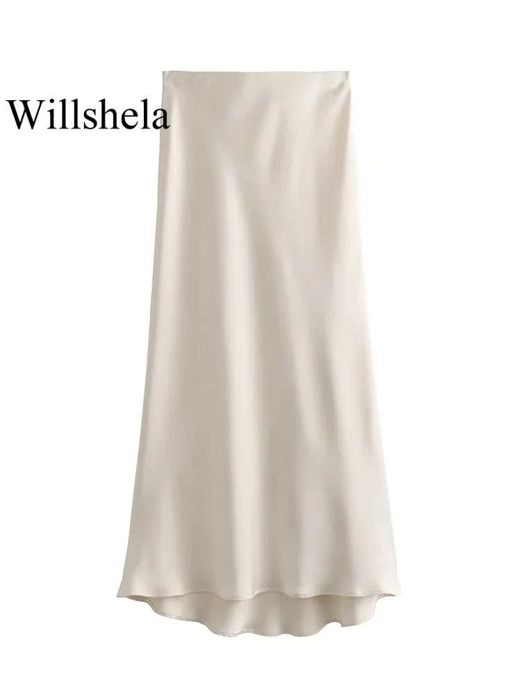 Willshela 2024 saia de cetim preto mulher cintura alta elegante saias longas para as mulheres moda verão midi saia escritório saias femininas