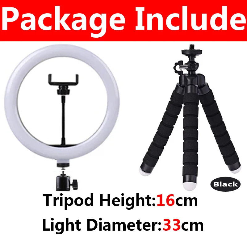 Anel de luz LED de 12 polegadas para fotografia, iluminação de celular com tripé, lâmpada redonda USB para vídeos do YouTube e transmissões ao vivo.