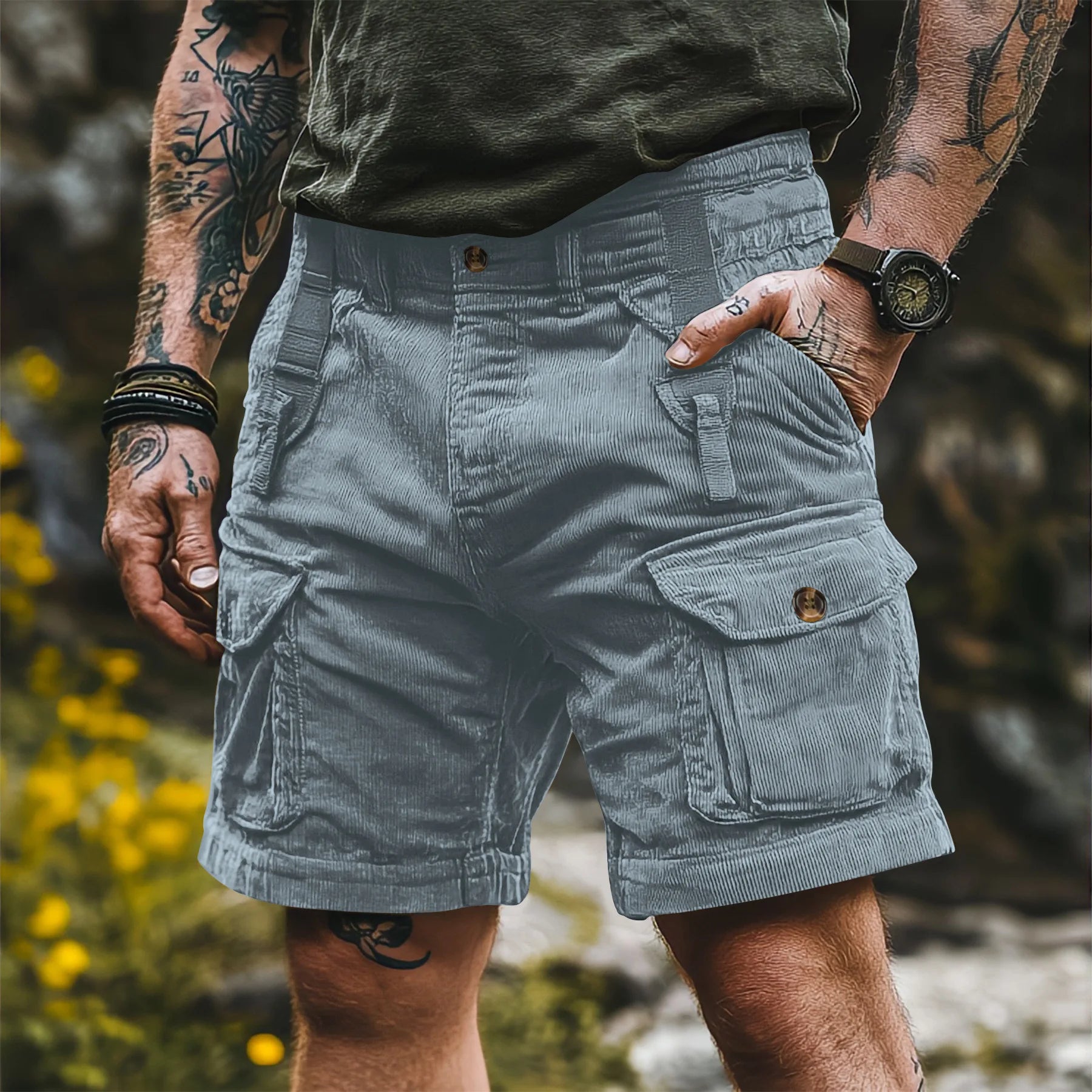 Bermudas Cargo Vintage Masculinas: Calções de Verão Modernos em Corduroy, Casuais, Cor Sólida, Esportivos e Respiráveis