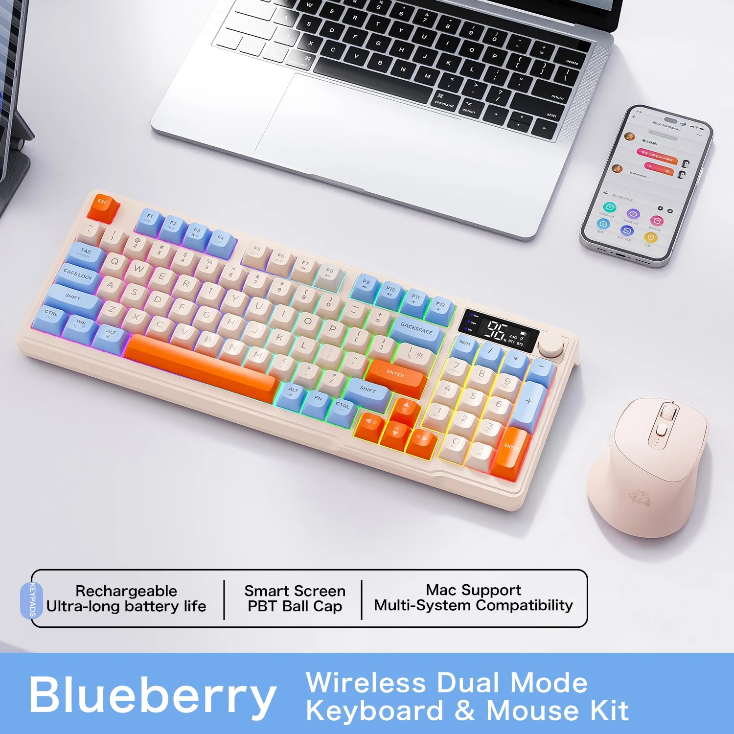 Teclado sem fio FreeWolf M96 com tela, teclado para jogos Bluetooth conexão de modo duplo, ligação multidispositivo, ergonômico