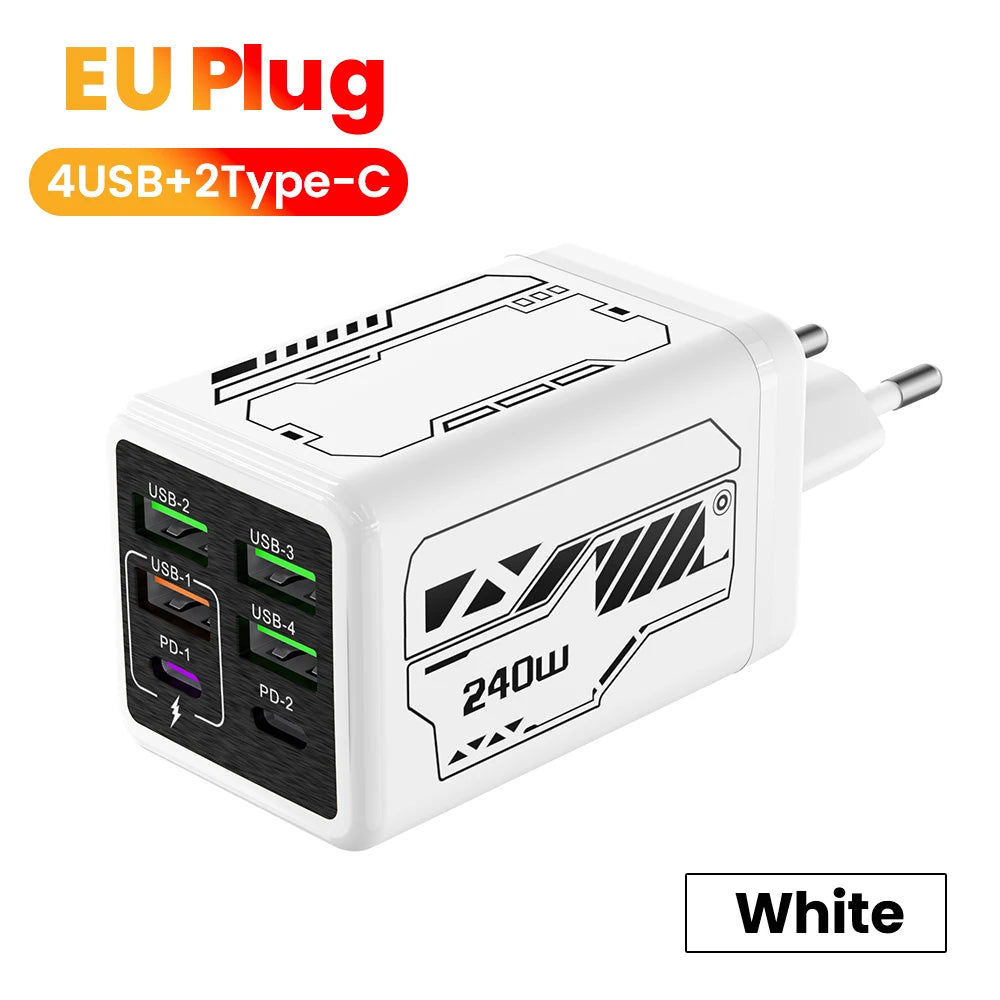 240w 6 portas 4usb + 2 tipo c carregamento super rápido carregador de telefone móvel usb3.0 pd3.0 ue/reino unido/eua carregador para iphone 17 16 samsung poco
