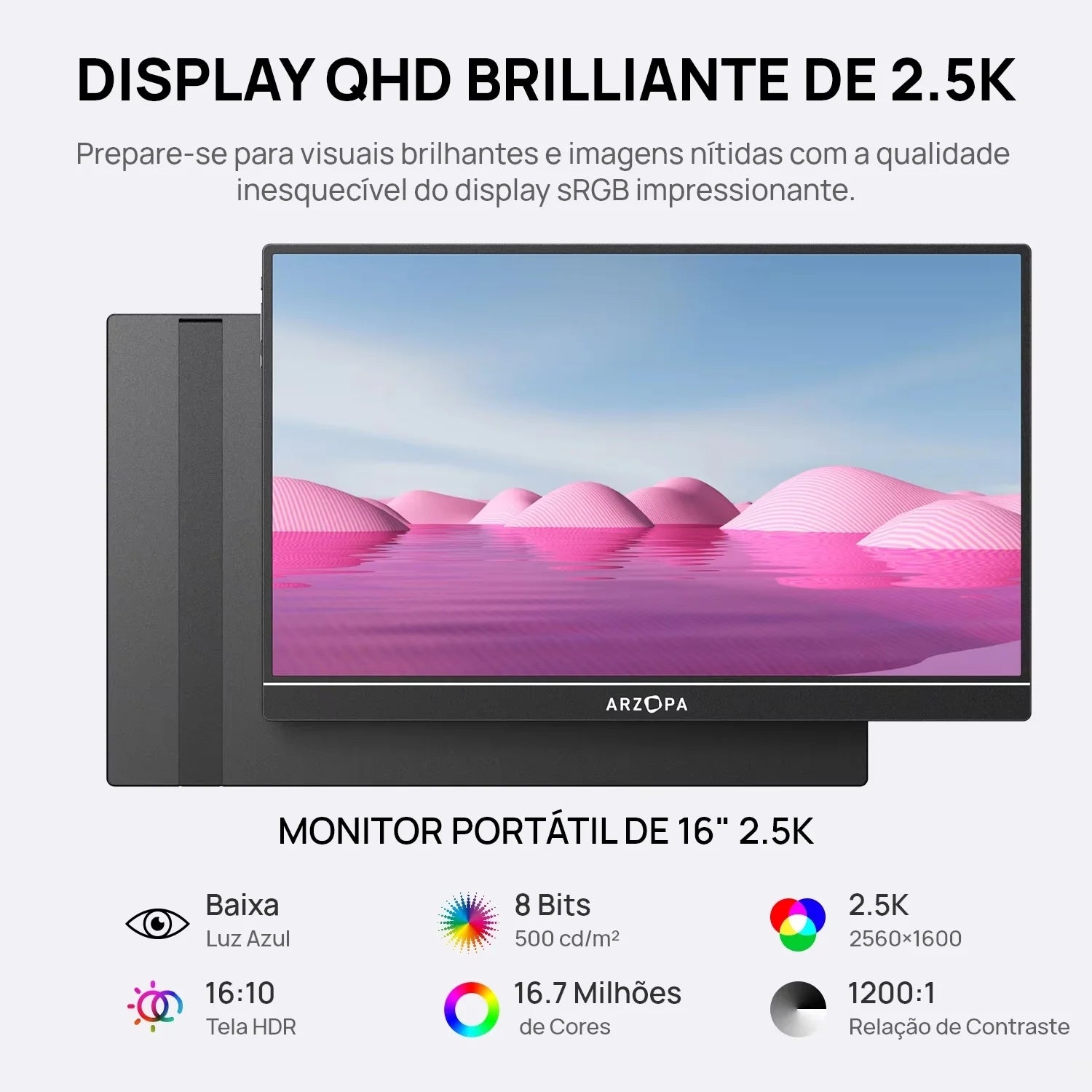 ARZOPA 16 "2.5K QHD Monitor Portátil 16:10 Tela IPS com Tipo-c Mini HDMI Segundo Display para MAC/Laptop/PC/Xbox/PS/Switch, Z1RC