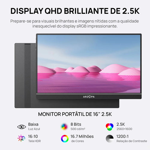 ARZOPA 16 "2.5K QHD Monitor Portátil 16:10 Tela IPS com Tipo-c Mini HDMI Segundo Display para MAC/Laptop/PC/Xbox/PS/Switch, Z1RC