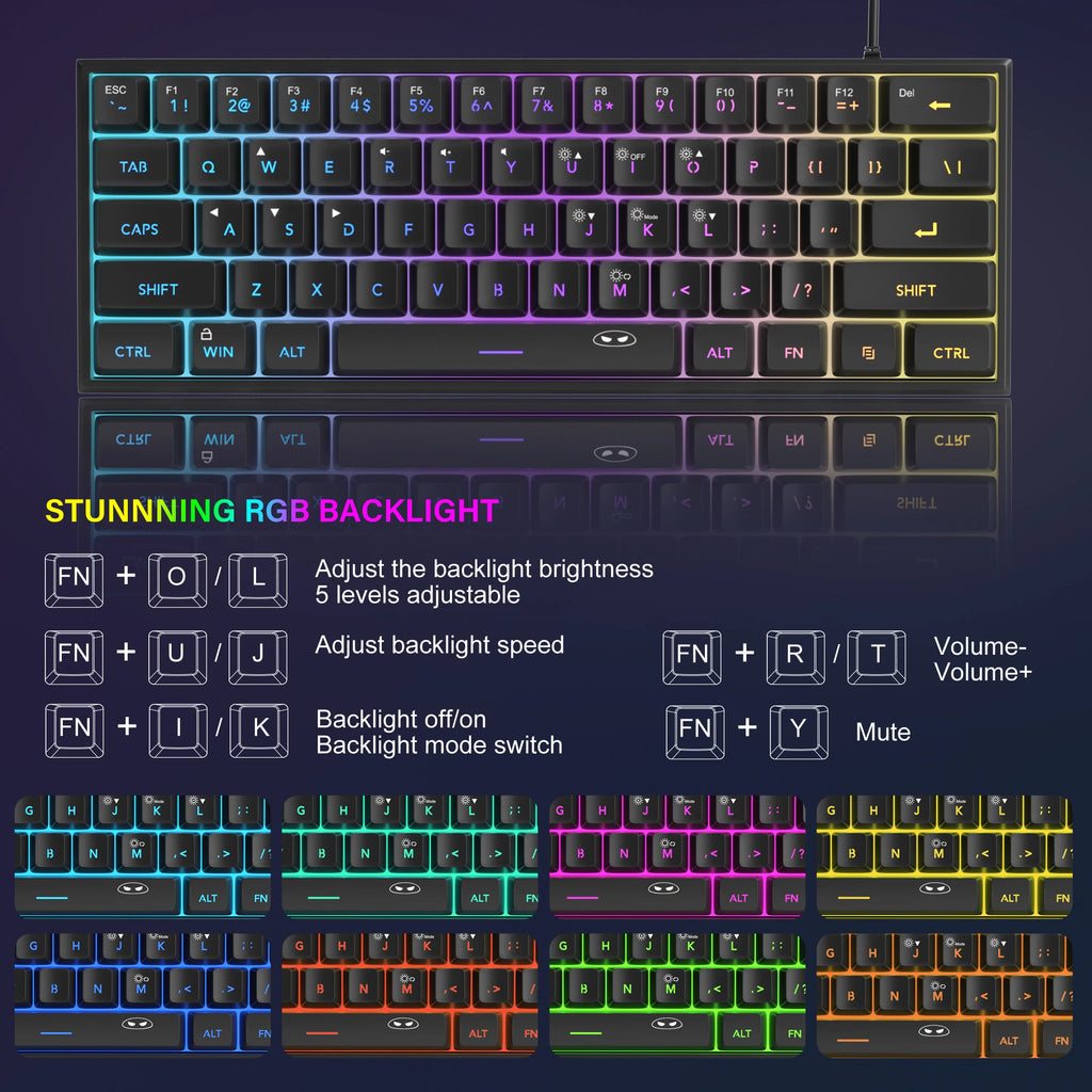 Teclado para jogos MageGee Mini 60%, teclado ultracompacto retroiluminado RGB de 61 teclas, escritório de sensação mecânica ergonômica à prova d'água TS91