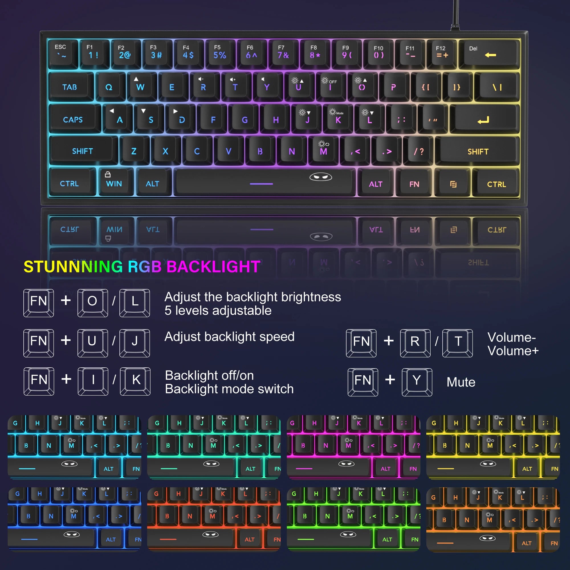 Teclado para jogos MageGee Mini 60%, teclado ultracompacto retroiluminado RGB de 61 teclas, escritório de sensação mecânica ergonômica à prova d'água TS91