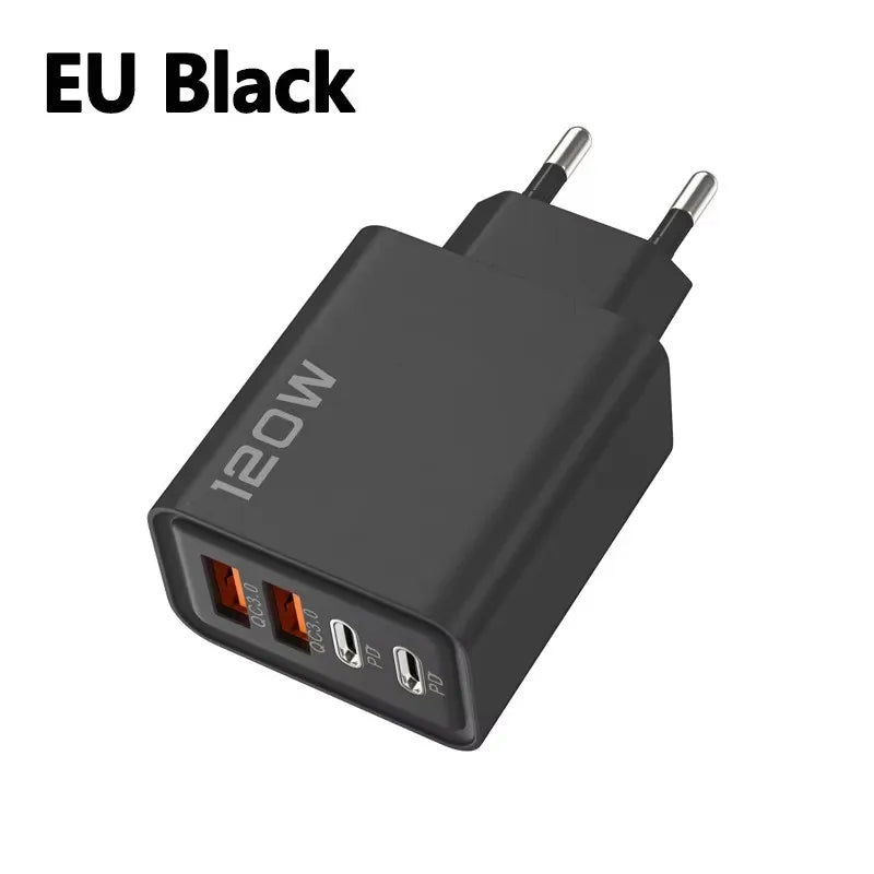 Carregador de 4 portas 120W com Quick Charge 3.0, USB C PD Tipo C, carregador de celular com carregamento rápido para iPhone, Samsung, Xiaomi, Huawei