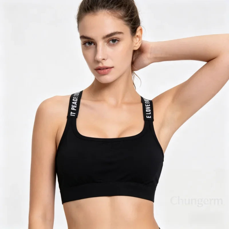 Roupa Íntima Esportiva Feminina, Top Cropped Sem Costura para Yoga e Fitness, Alças Largas com Letras, Confortável para Atividades Físicas, Sem Arame