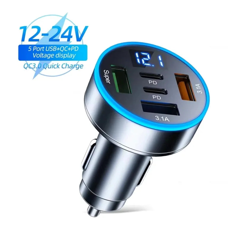Carregador de Carro 250W com 5 Portas, Carregamento Rápido PD QC3.0, Adaptador USB C para Celular com Medidor de Voltagem para iPhone, Samsung, Huawei, Xiaomi